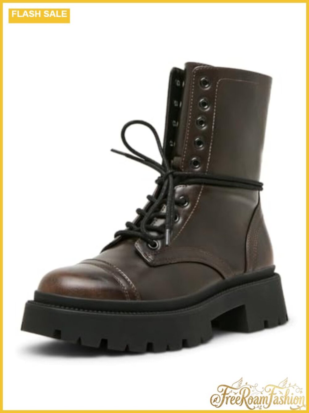 Faux Leather Combat Boot Block Heel Round Toe Ankle Boot
